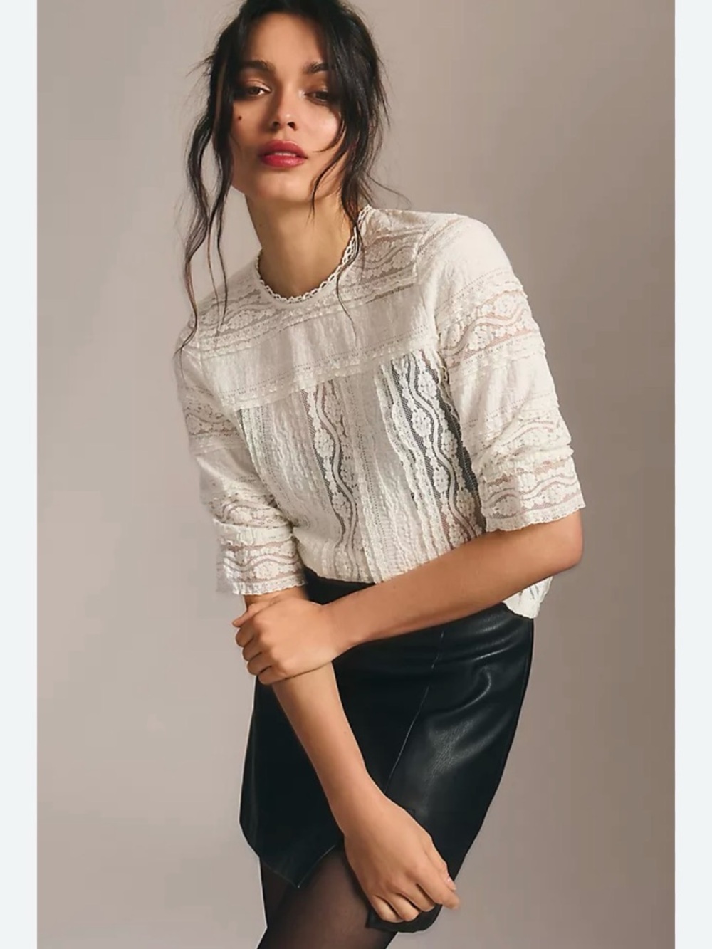 Anthropologie Lace Peasant Blouse Womens XXS Ivory Ruffle Sleeve Boho Romantic